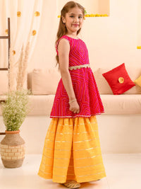 pspeaches Girls Bandhani Printed Kurta & Striped Skirt with Ethnic Belt