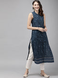 Anouk Women Navy Blue Printed Straight Kurta
