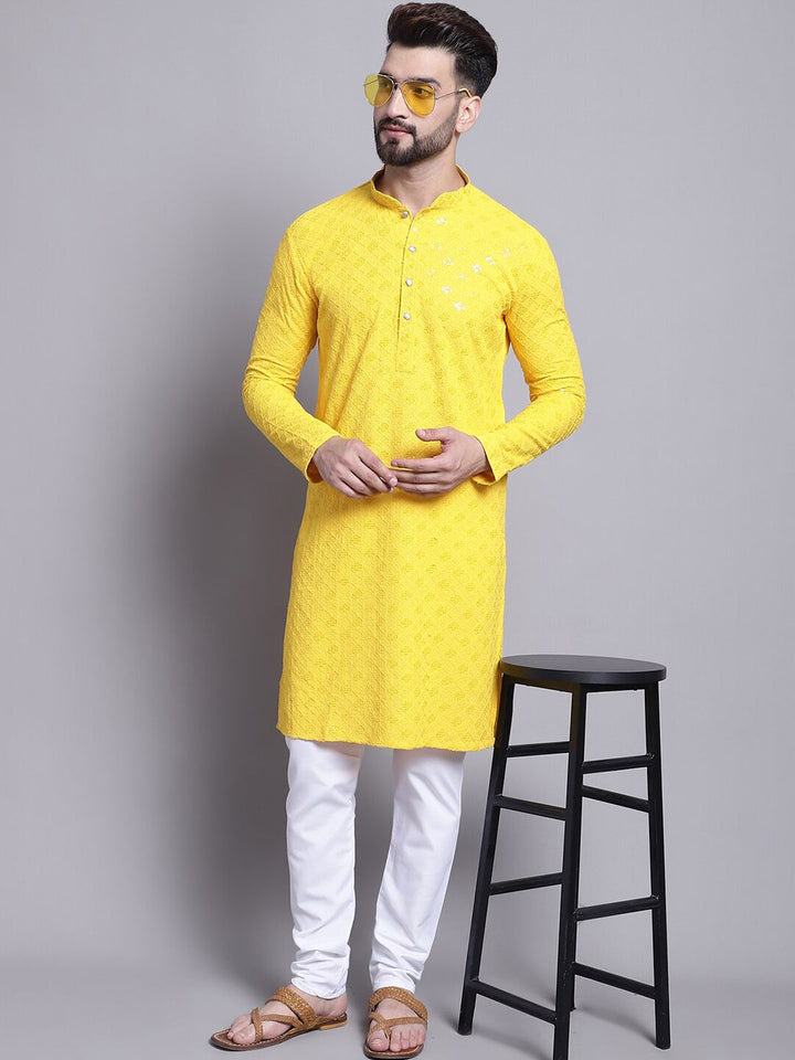 SOJANYA Geometric Embroidered Sequence Mandarin Collar Pure Cotton Kurta