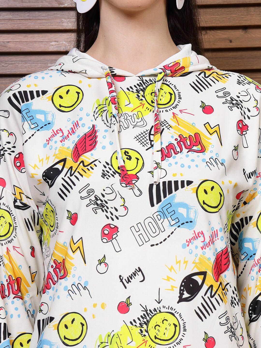 Athena White Conversational Printed Hooded A-Line Dress