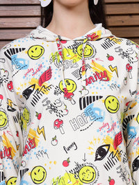 Athena White Conversational Printed Hooded A-Line Dress