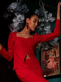 Athena Red Sweetheart Neck Puff Sleeves Regular Top