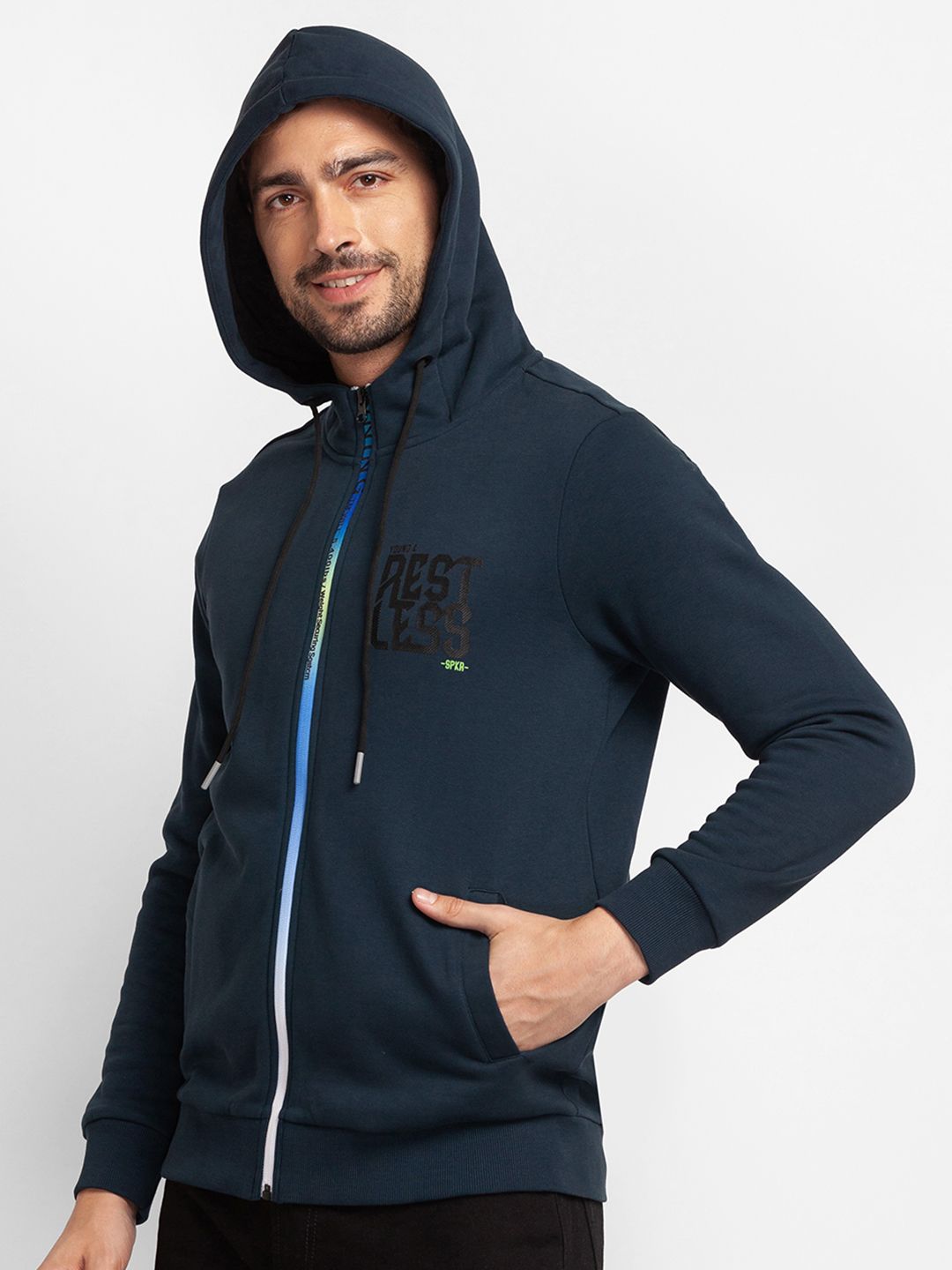 SPYKAR Typography Printed Hooded Front-Open Sweatshirt