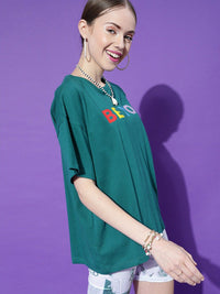 STREET 9 Women Green Typography Drop-Shoulder Pure Cotton T-shirt