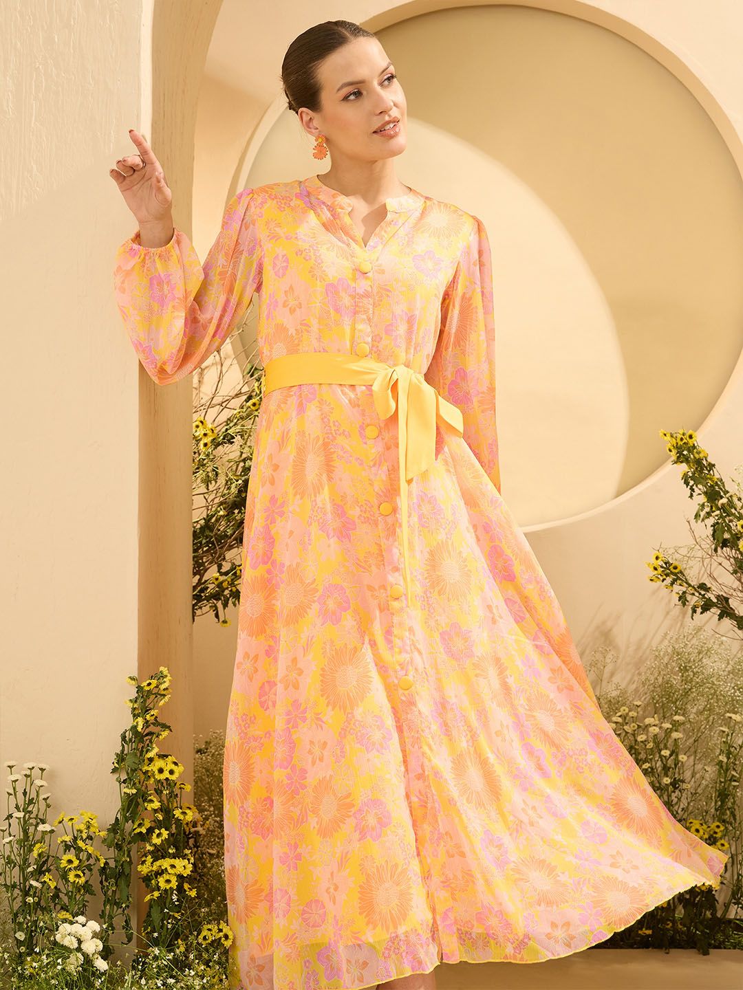 Antheaa Layered Women Floral Printed Mandarin Collar Midi Fit & Flare Dress