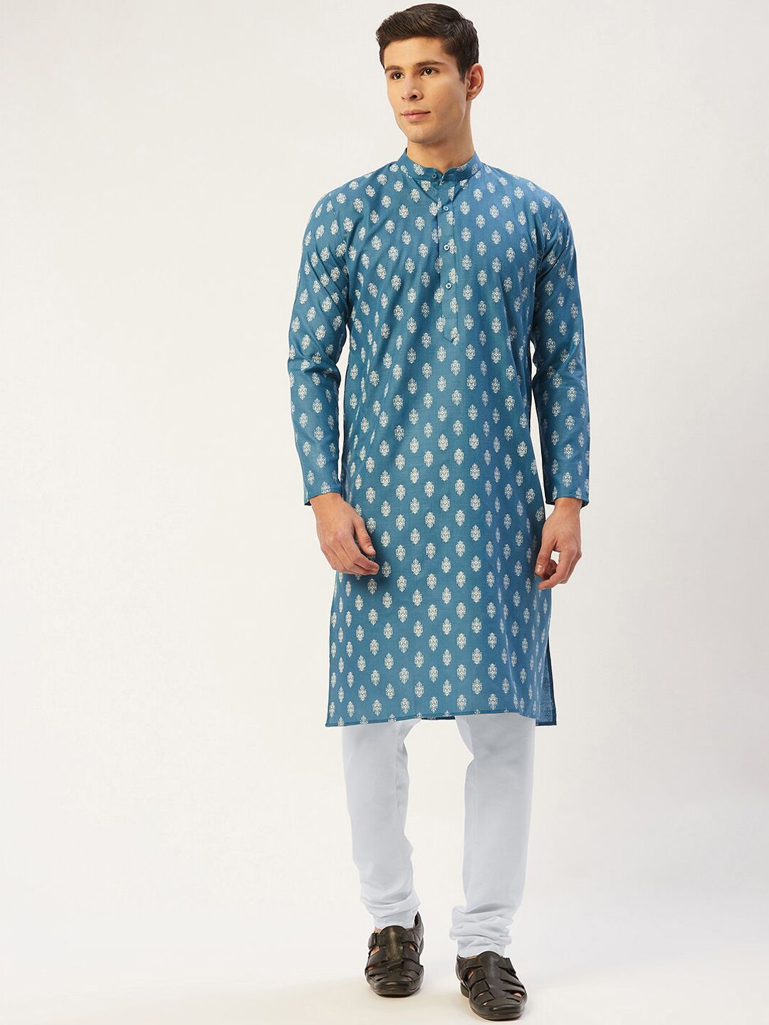 Jompers Men Teal Blue & White Ethnic Motifs Kurta