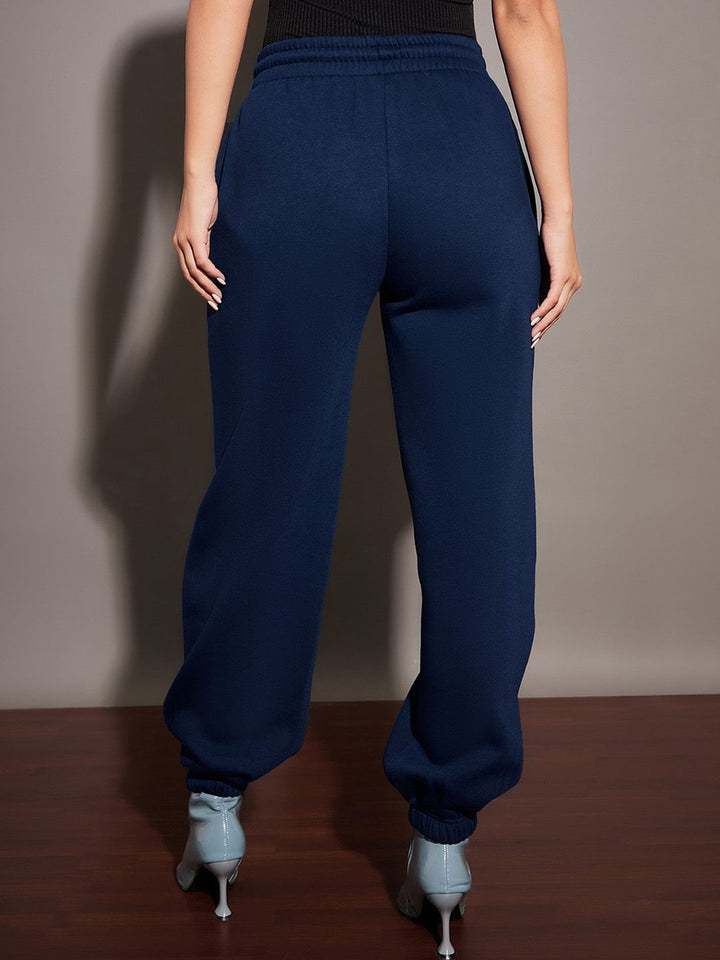 SASSAFRAS Women Navy Blue Relaxed Fit Mid-Rise Fleece Joggers