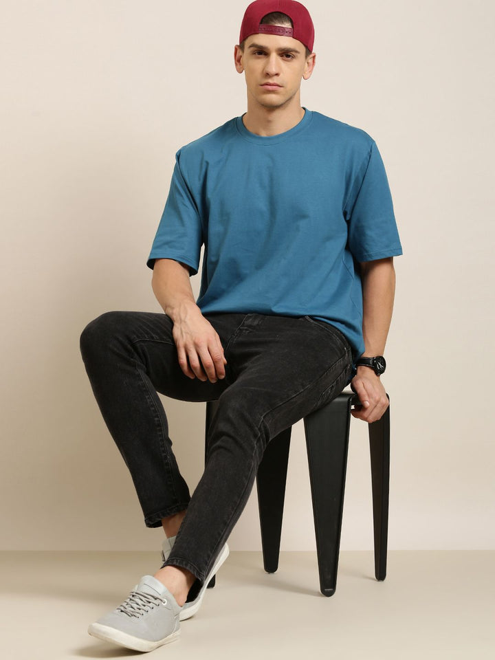 Difference of Opinion Men Teal Blue Pure Cotton Drop-Shoulder Oversized Fit T-shirt