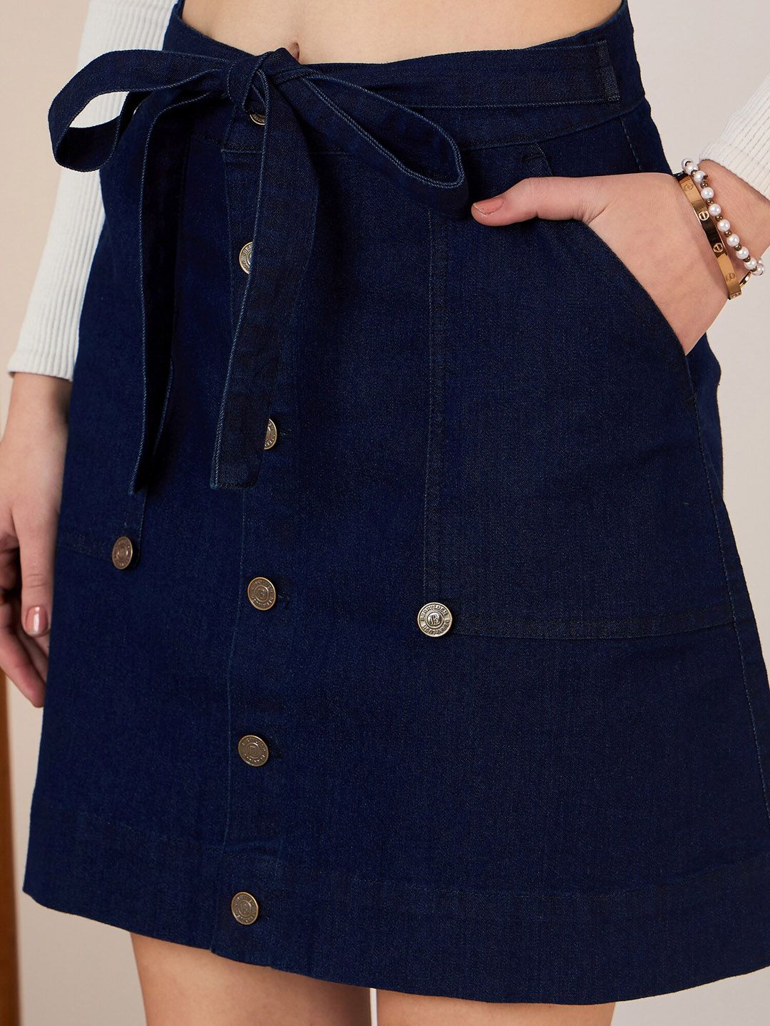 Berrylush denim tinggi skirt mini regangan A-line