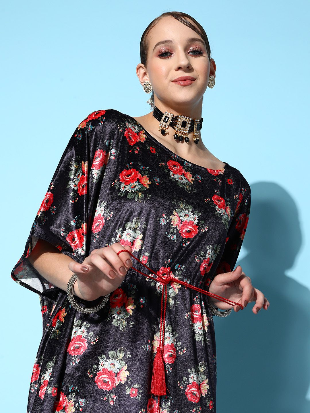 Shae by SASSAFRAS Navy Blue & Red Floral Print Velvet Ethnic Kaftan Dress