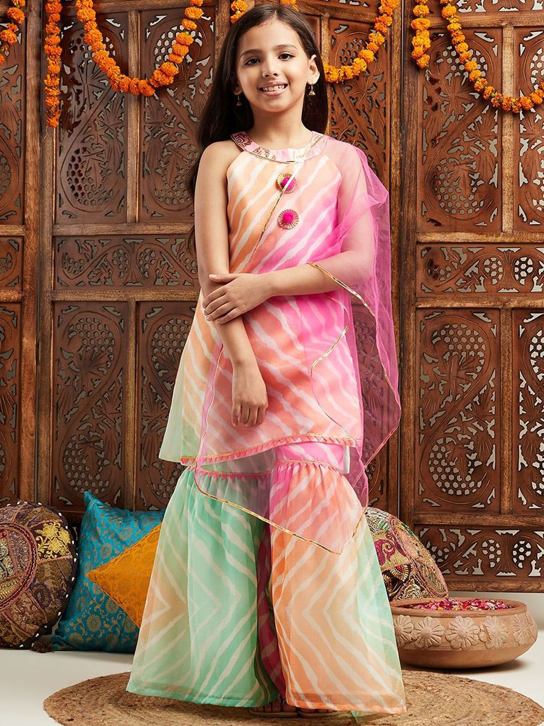 pspeaches Girls Leheriya Printed Kurti with Sharara & Dupatta