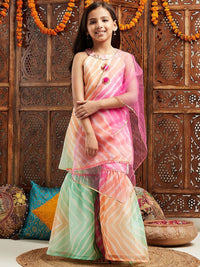 pspeaches Girls Leheriya Printed Kurti with Sharara & Dupatta