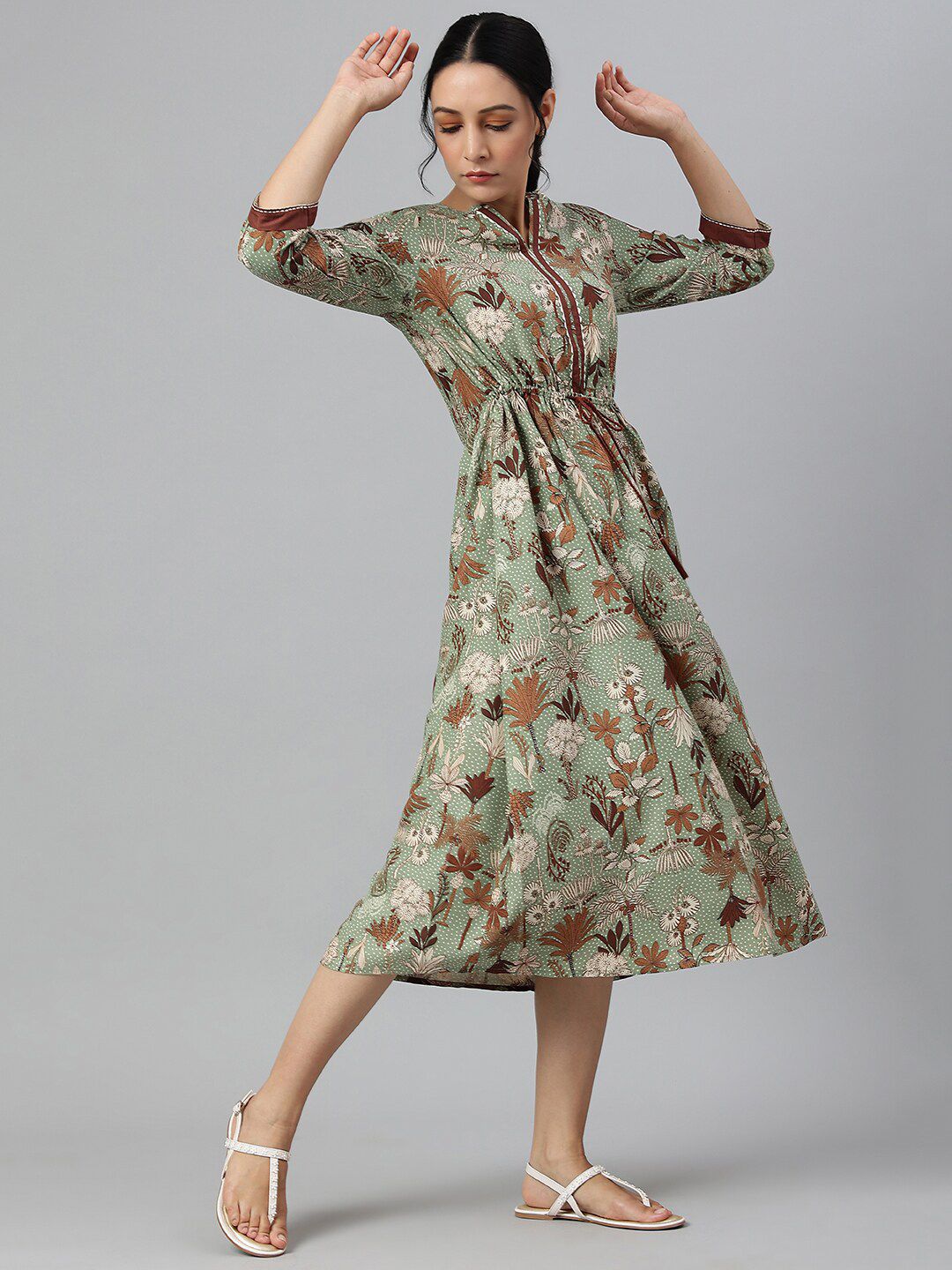 W Green Floral Chiffon A-Line Midi Dress