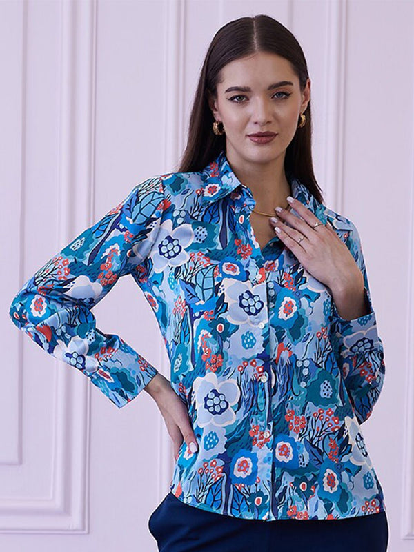 Athena Blue Floral Printed Shirt Style Top