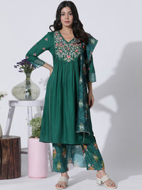 W Floral Yoke Design V-Neck Thread Work A-Line Pleated Kurta With Trousers & Dupatta