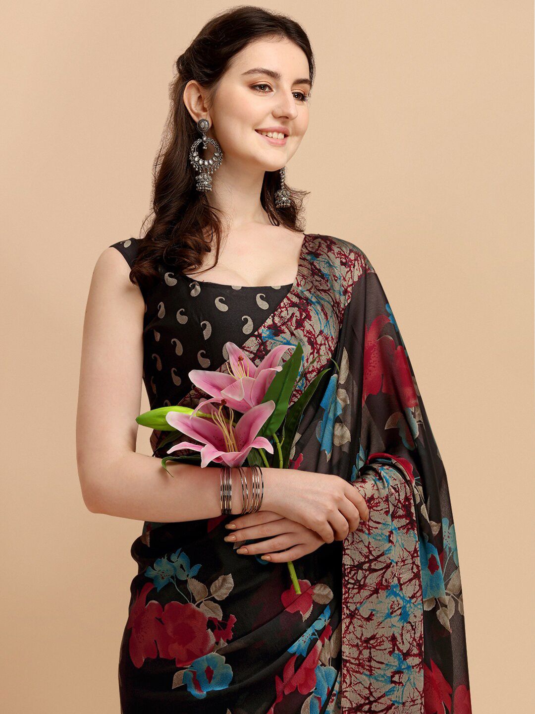KALINI Black & Red Floral Printed Saree