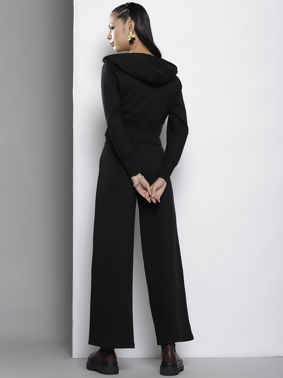 SASSAFRAS Women Black Solid Hooded Jacket with Track Pants