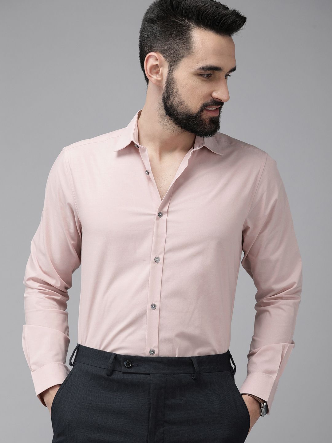 THE BEAR HOUSE Men Dusty Pink Solid Slim Fit Cotton Formal Shirt