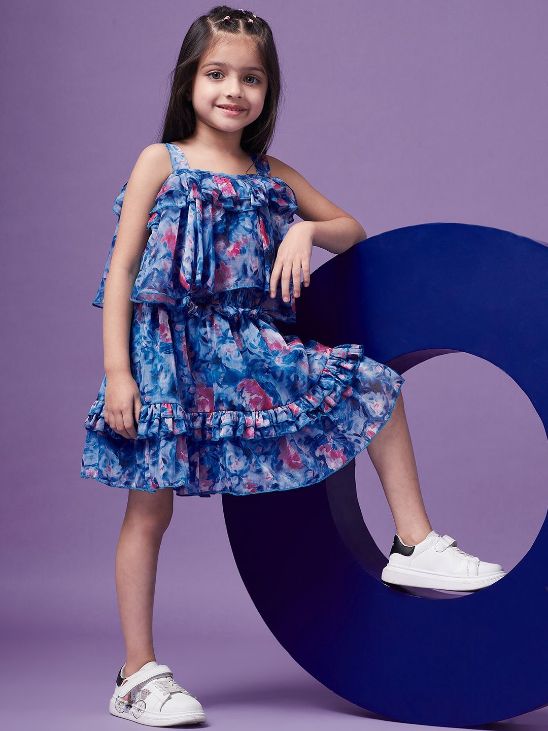 pspeaches Girls Floral Printed Ruffled Chiffon Fit & Flare Dress