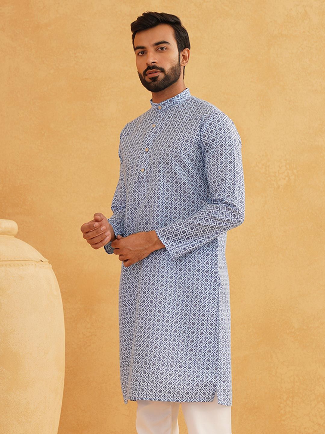 SOJANYA Men Geometric Printed Cotton Linen Kurta