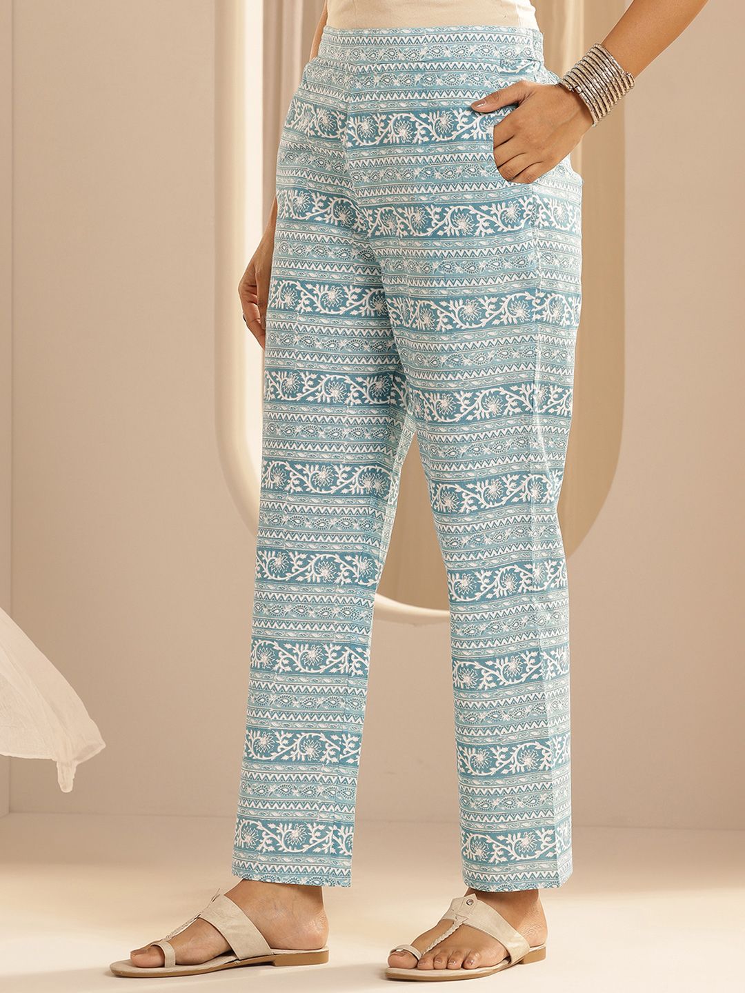 Libas Floral Printed Pure Cotton Anarkali Kurta with Trousers & Dupatta