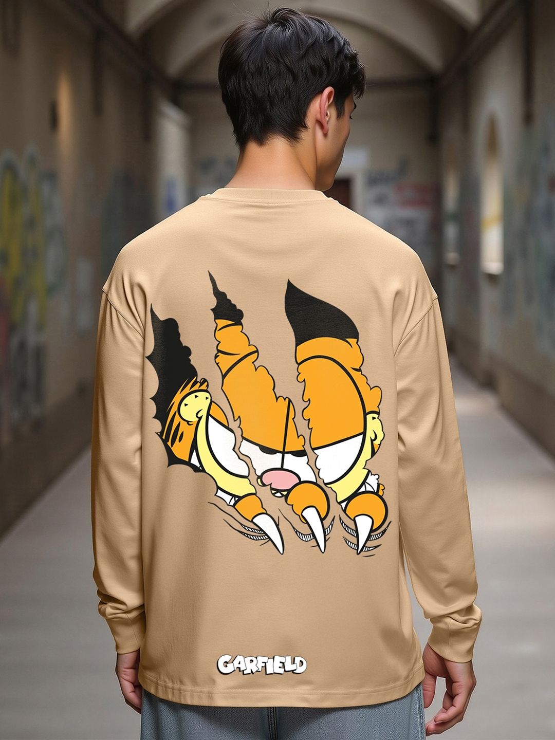Bewakoof Garfield Printed Drop-Shoulder Sleeves Oversized Pure Cotton T-shirt