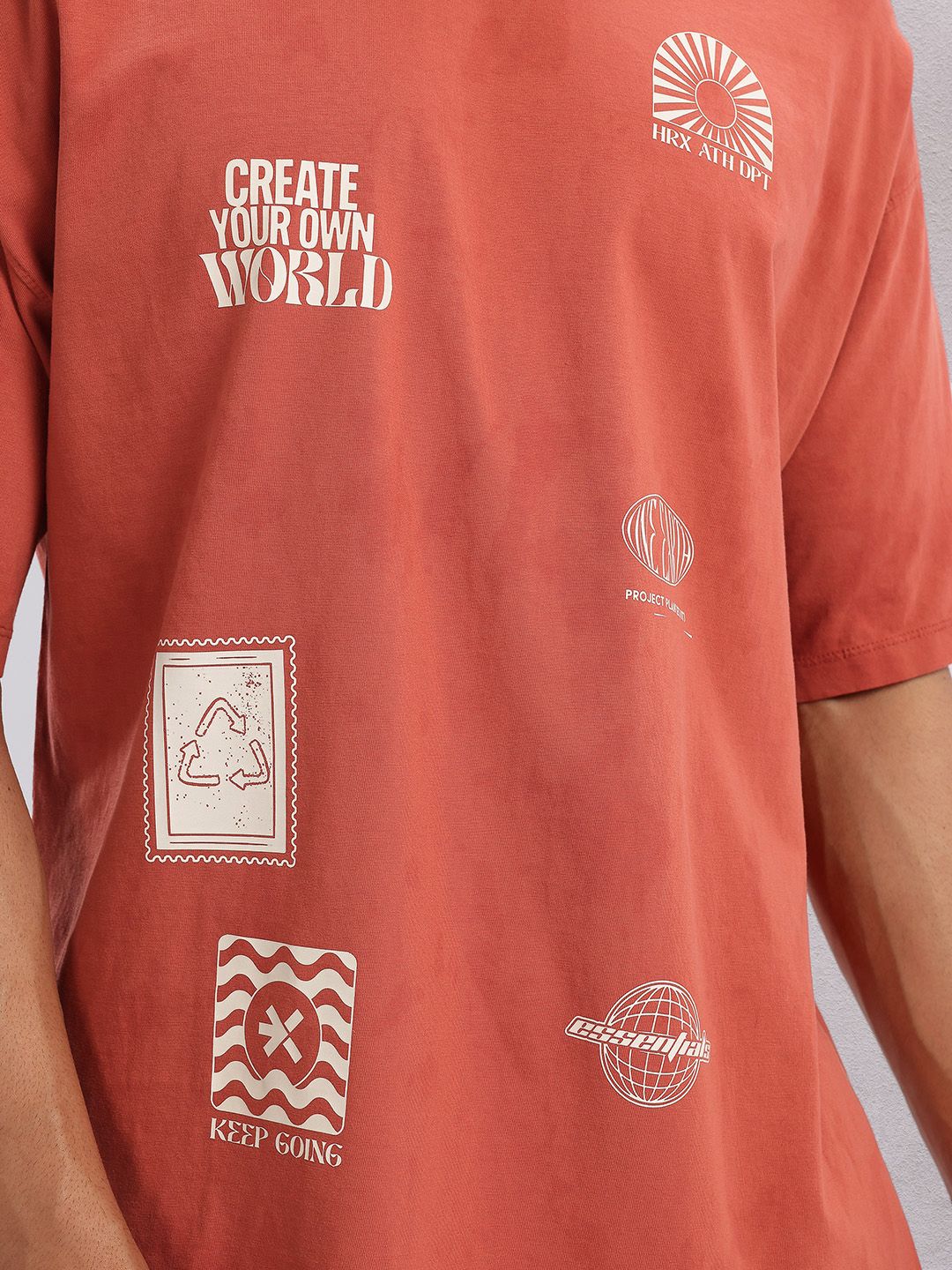 HRX by Hrithik Roshan Printed Drop-Sleeves Pure Cotton Oversized Lifestyle T-shirt