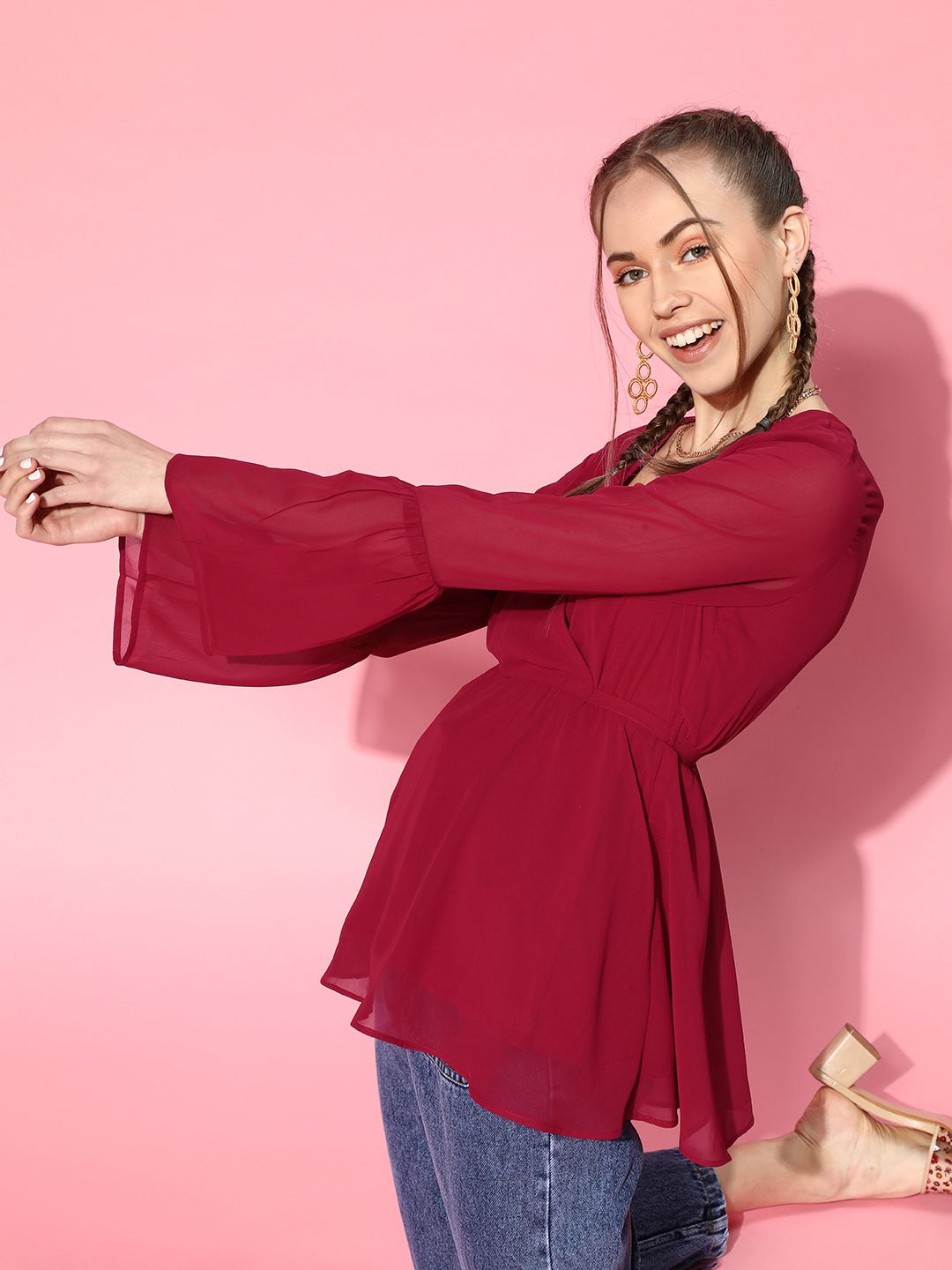 SASSAFRAS Women Maroon Solid Wrap Top