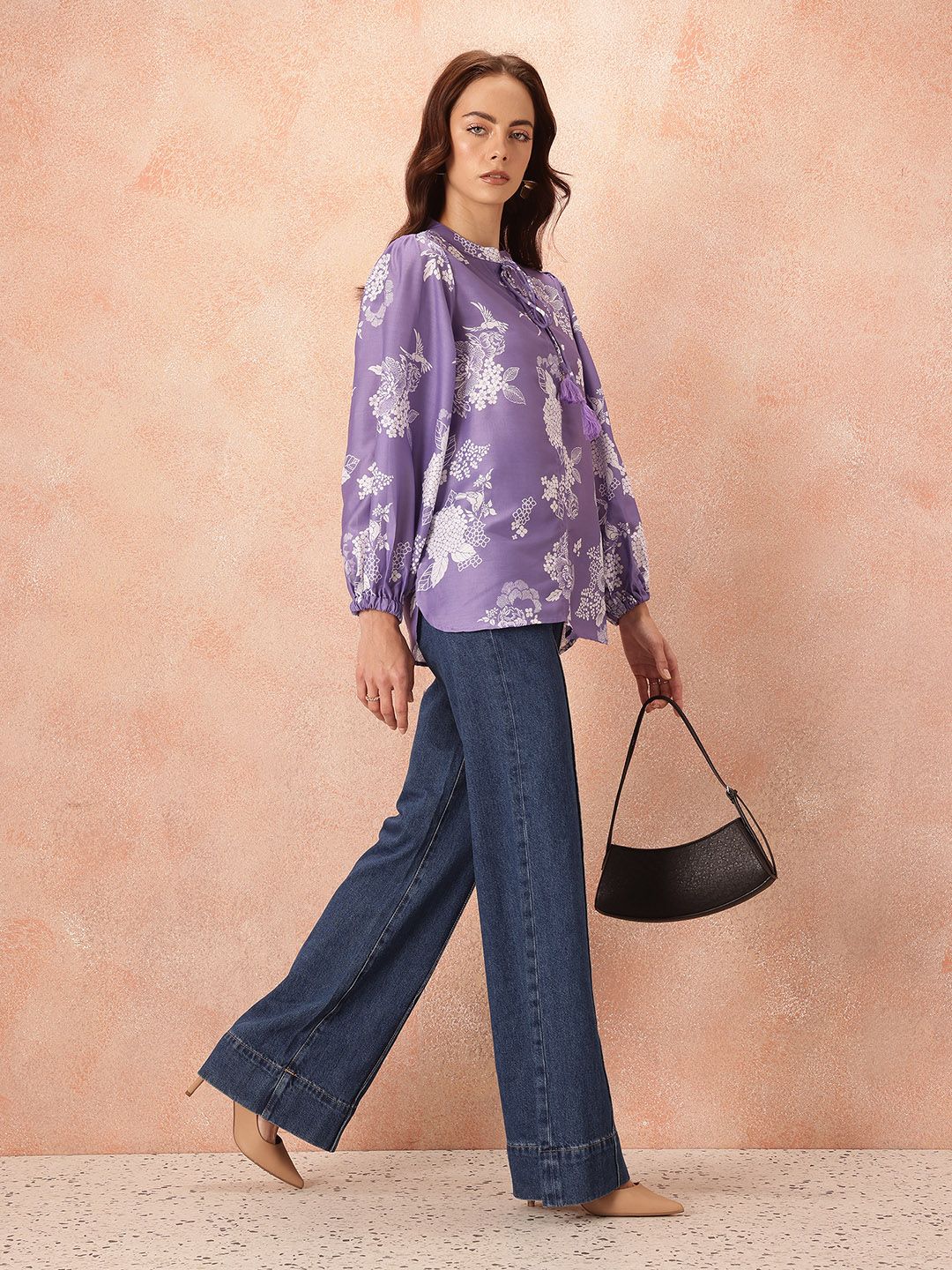 all about you Floral Print Tie-Up Neck Puff Sleeve Top