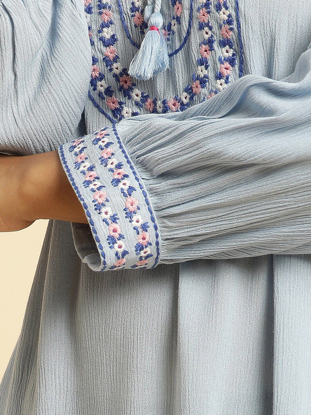 W Blue & Pink Tie-Up Neck Raglan Sleeves Embroidered Top