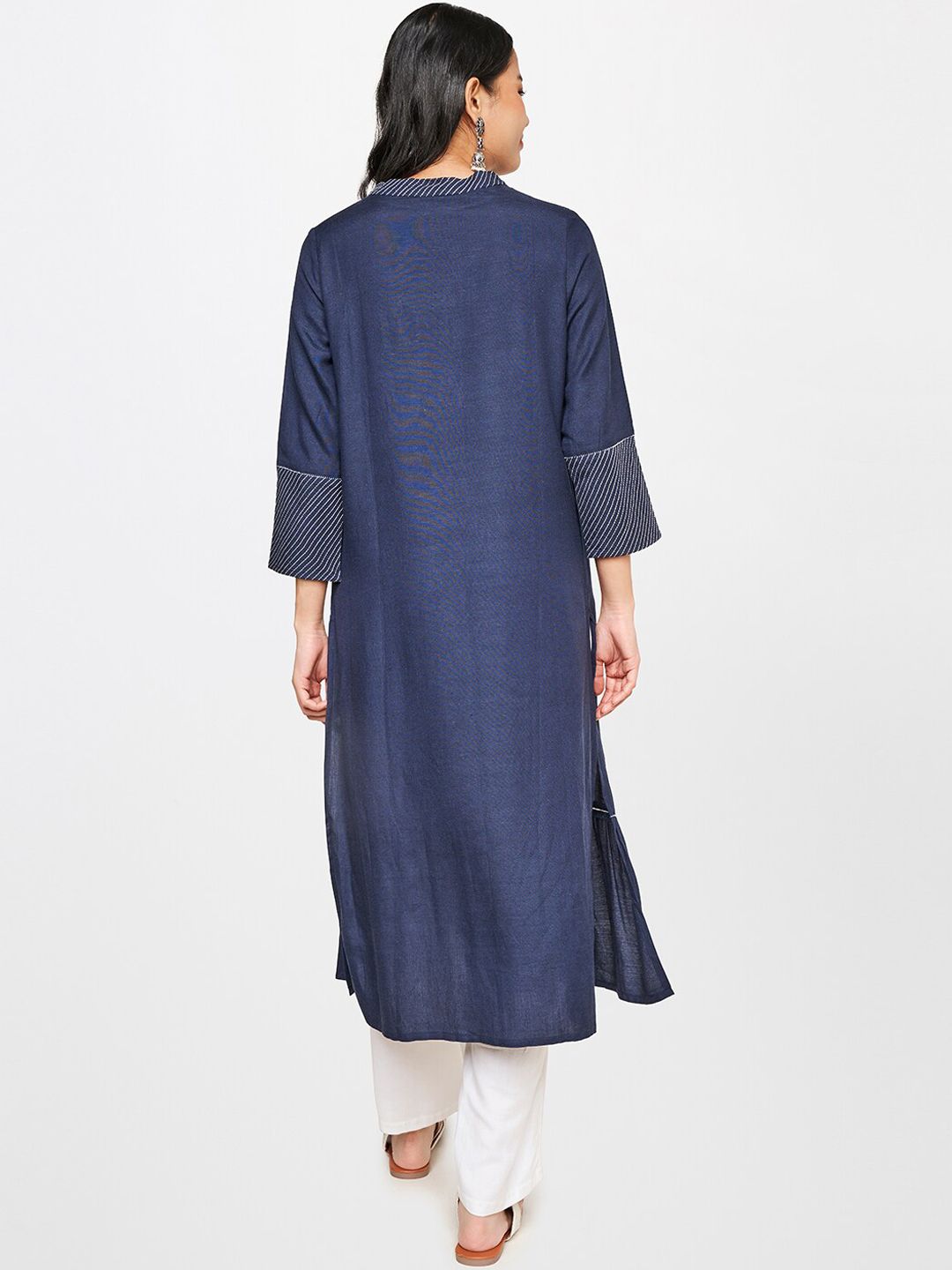 Global Desi Tie-Up Neck Thread Work Tiered A-Line Denim Kurta