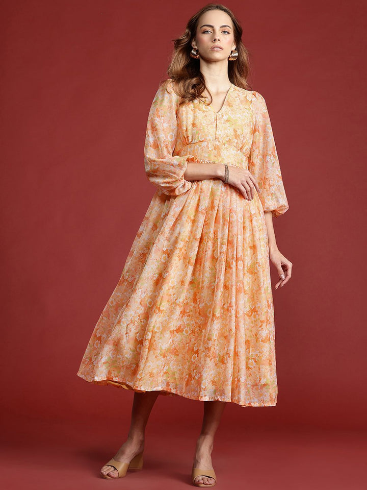 all about you Floral Print Puff Sleeve A-Line Midi Dress