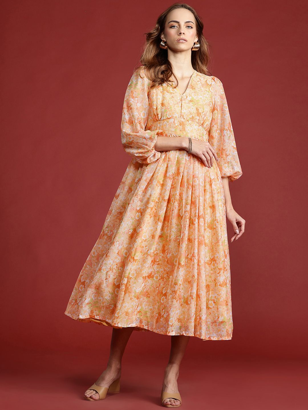 all about you Floral Print Puff Sleeve A-Line Midi Dress