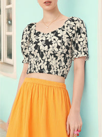 DressBerry Floral Finesse Whimsy Puff Sleeves Crop Top