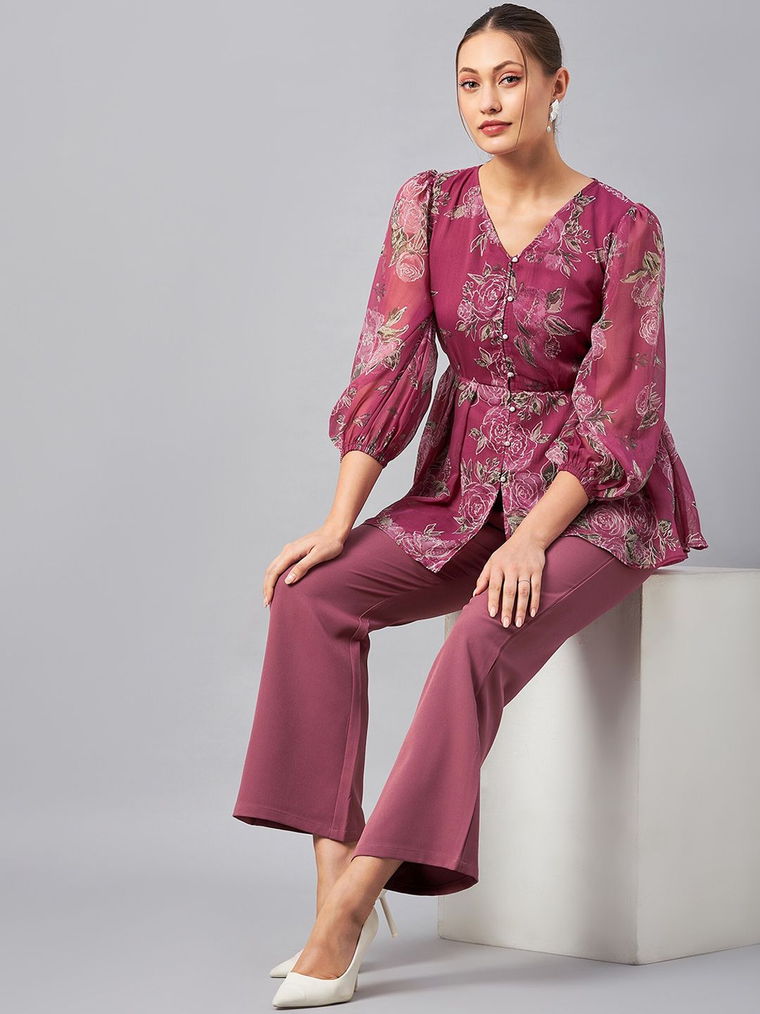 Antheaa Floral Printed V-Neck Tunic With Trousers