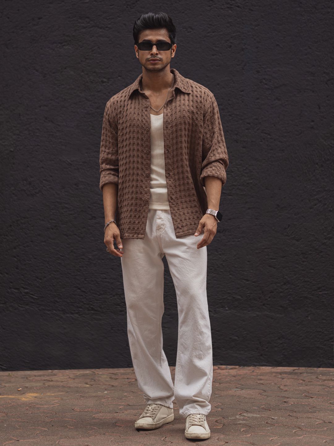 Powerlook Men Popcorn Texture Spread Collar Casual Shirt