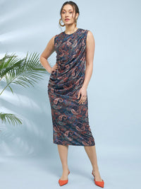 Antheaa Grey Ethnic Motifs Printed Straight Sheath Midi Dress