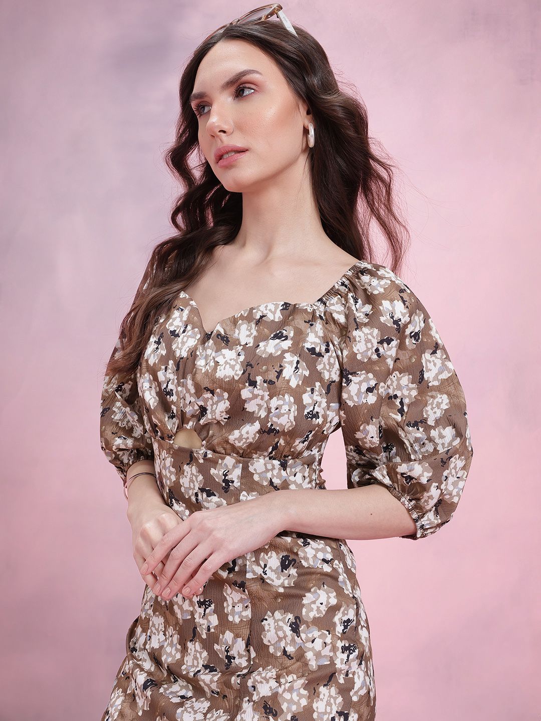 DressBerry Floral Print Puff Sleeve Bodycon Mini Dress