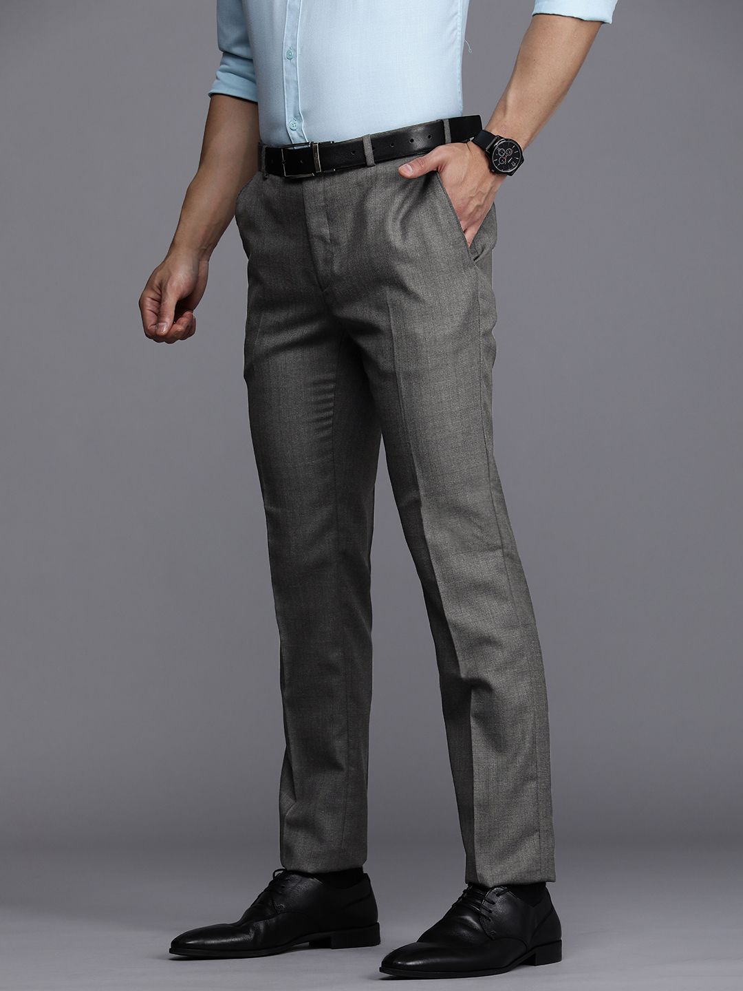Raymond Men Grey Checked Slim Fit Formal Trousers