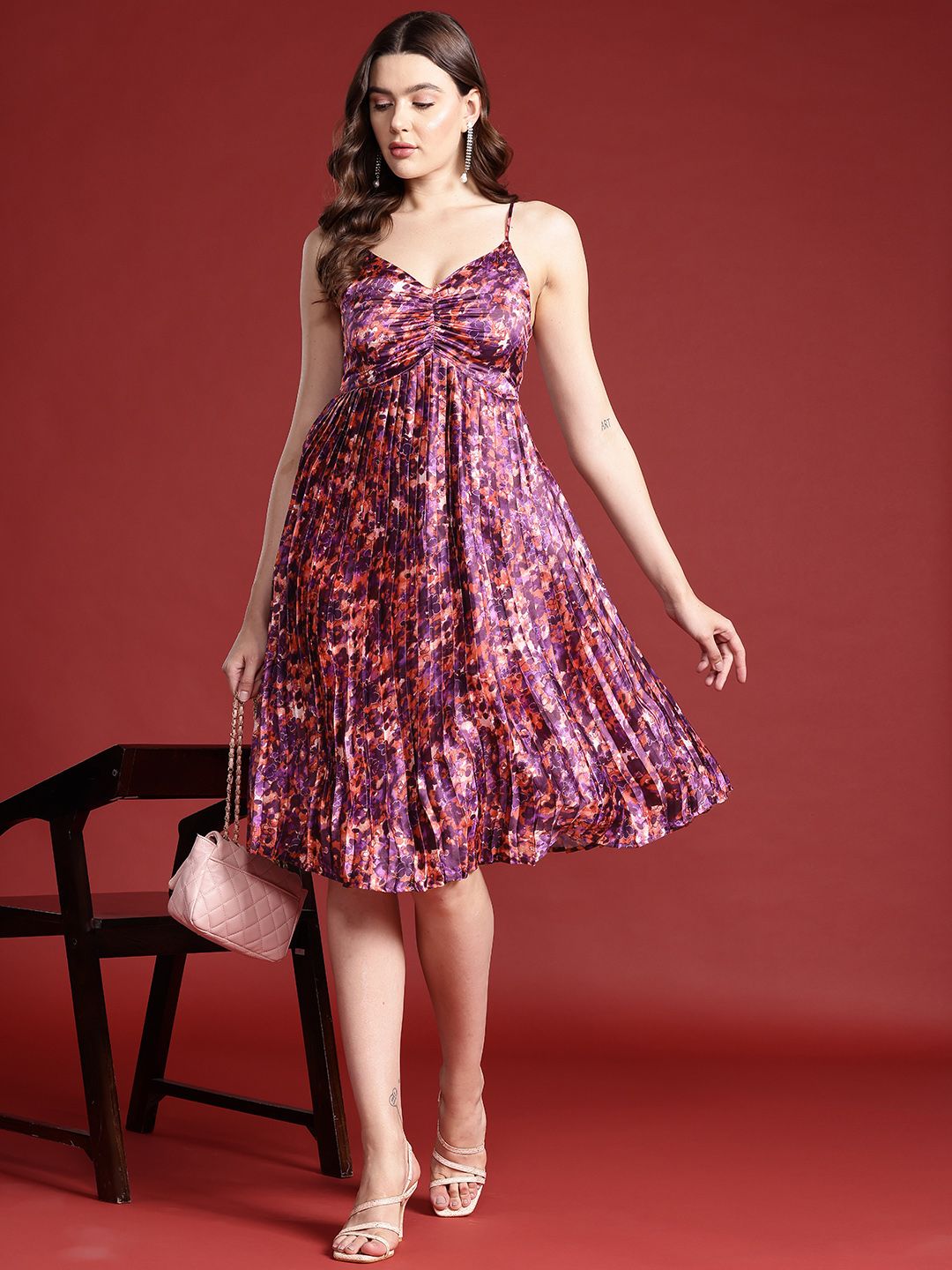 all about you Floral Print Accordion Pleated Ruched A-Line Dress