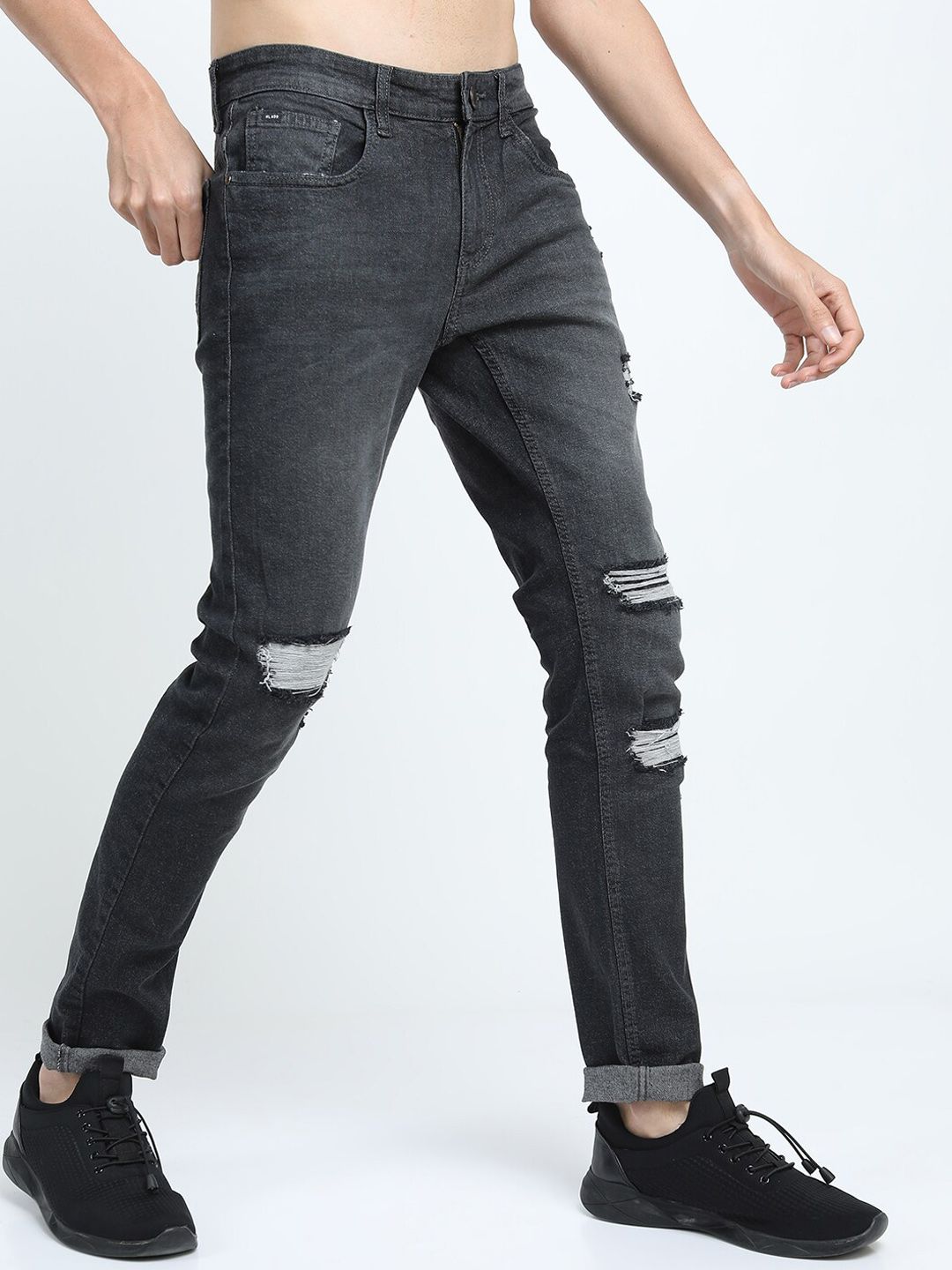 HIGHLANDER Men Charcoal Slim Fit Highly Distressed Stretchable Jeans