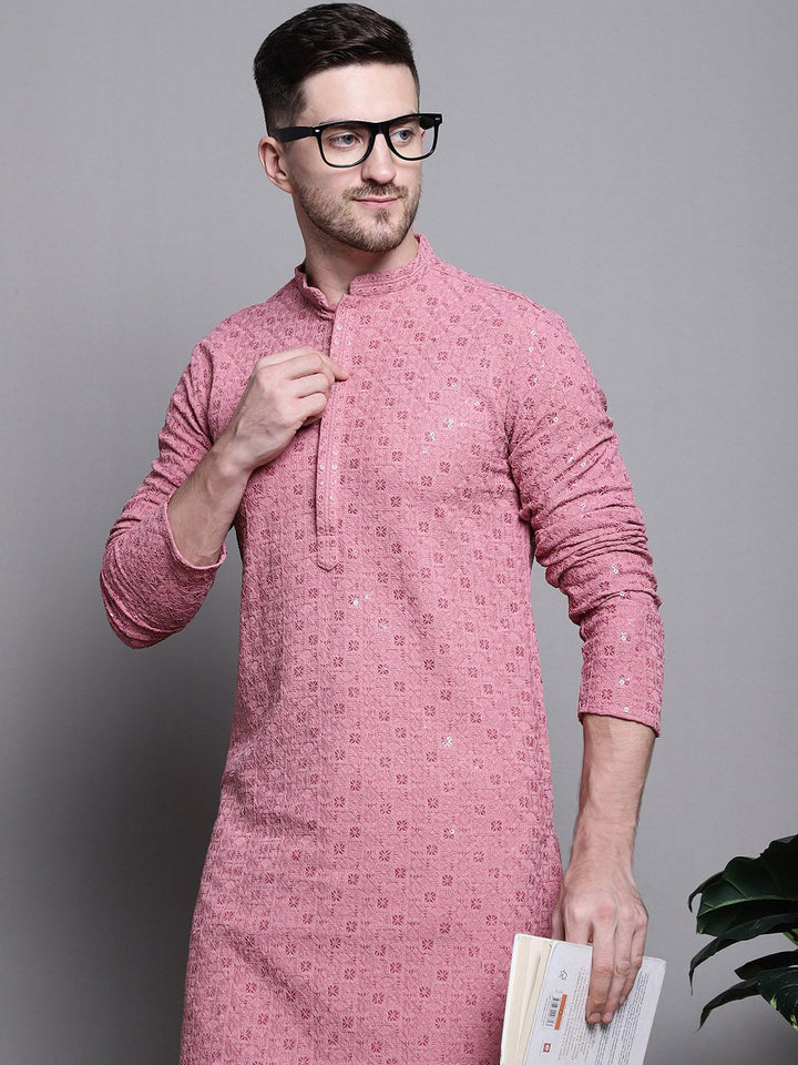 Jompers Geometric Self Design Thread Work Pure Cotton Kurta With Pyjamas