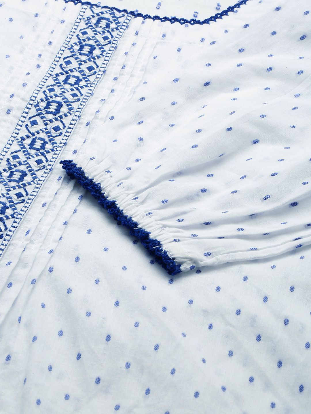 Global Desi White & Blue Embroidered Sqaure Neck Pleated Blouson Top