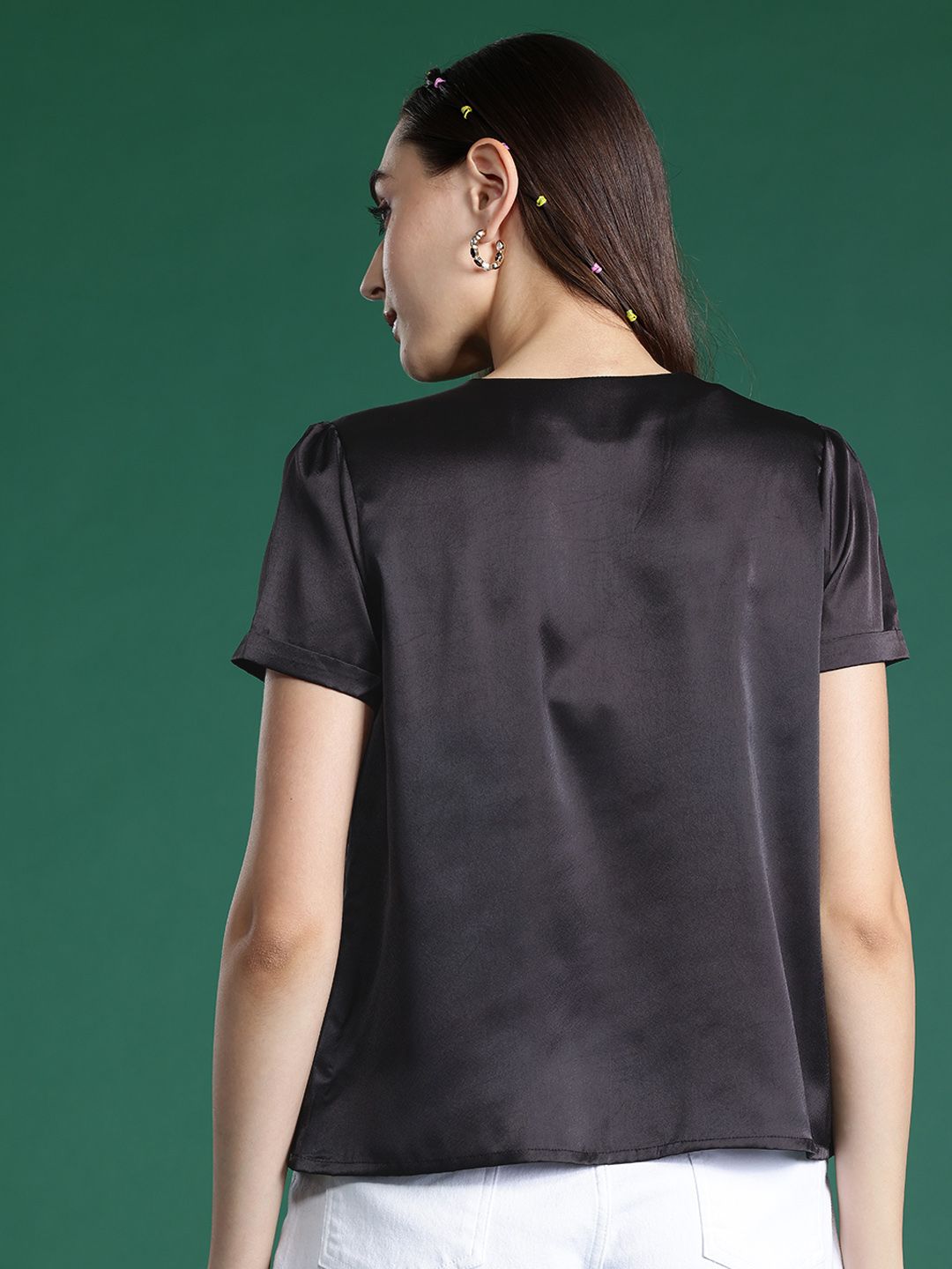 DressBerry Satin-Finish V-Neck Shirt Style Top