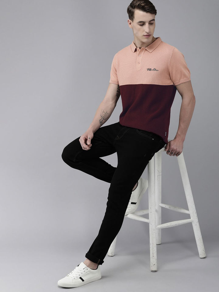 THE BEAR HOUSE Ardor Edition Men Pink Cotton Colourblocked Polo Collar Slim Fit T-shirt