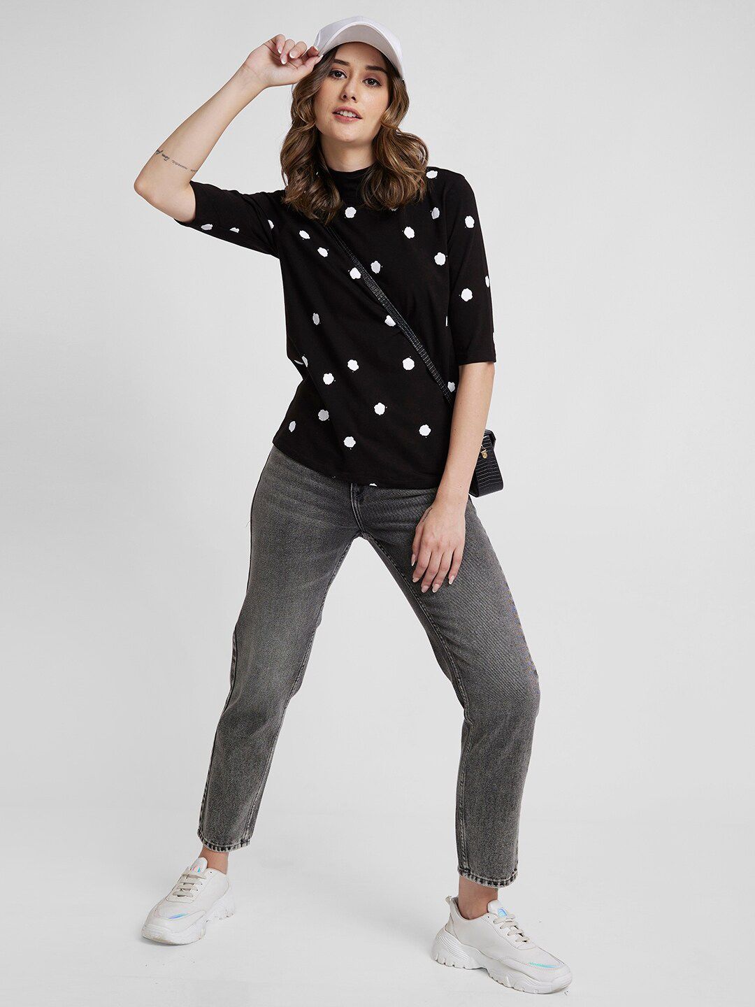 SPYKAR Polka Dots Printed High Neck Cotton Top
