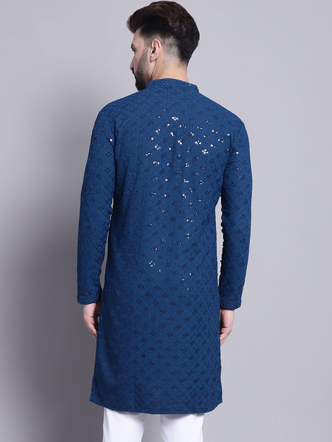 SOJANYA Geometric Embroidered Sequence Mandarin Collar Pure Cotton Kurta