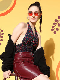 Berrylush Navy Blue Floral Print Halter Neck Smocked Crepe Crop Top