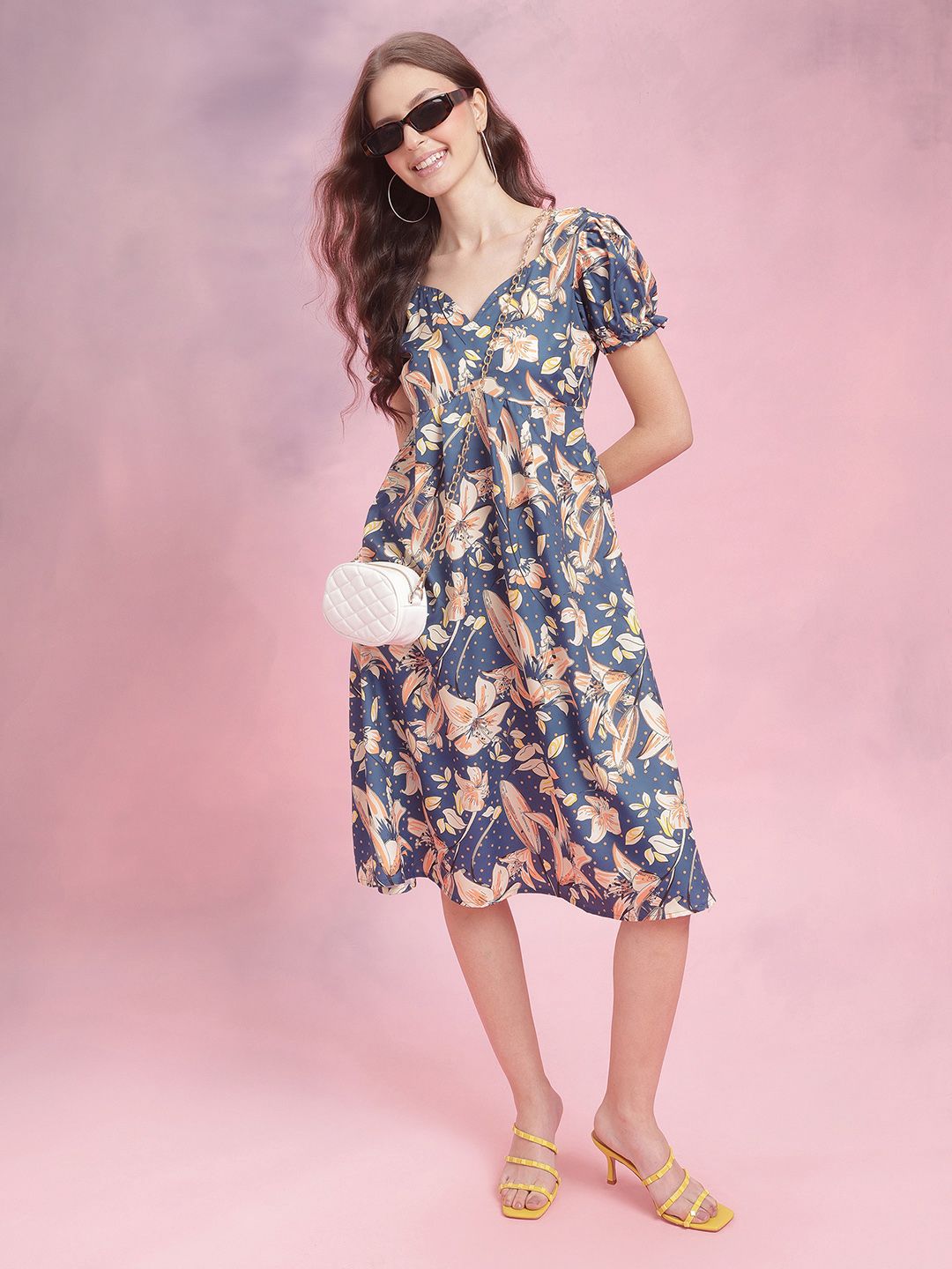 DressBerry Puff Sleeves Floral Empire Dress