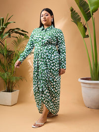 SASSAFRAS Curve Plus Size Green Abstract Print Shirt Collar Cuffed Sleeves Maxi Dress